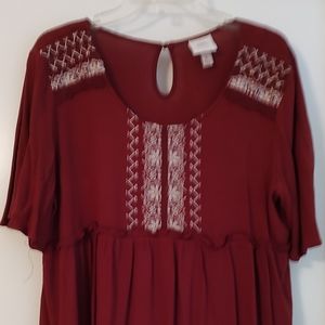 Knox Rose Red Boho Embroidered Baby Doll Ruffle Short Sleeve Shirt Top XL